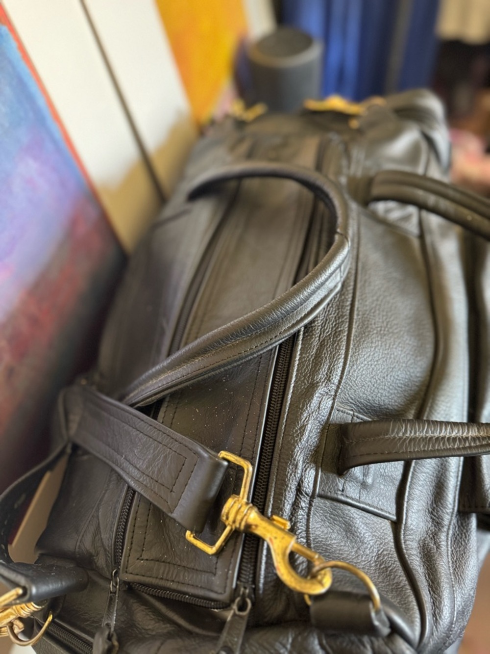 Genuine Calfskin Leather Black Vintage Duffle Bag XL - Picture 6 of 9
